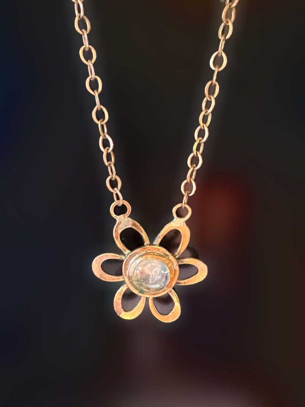 70s Rafael Alfandary Copper Daisy Necklace Murano Glass Cabochon Modernist